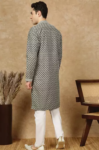 Olive silk embroidered kurta pajama for mens