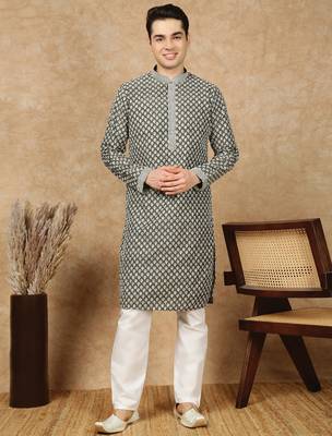 Olive silk embroidered kurta pajama for mens 5