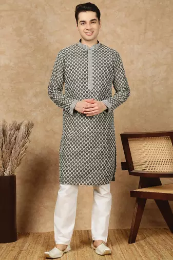 Olive silk embroidered kurta pajama for mens