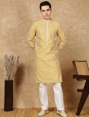 Yellow silk embroidered kurta pajama for mens 1