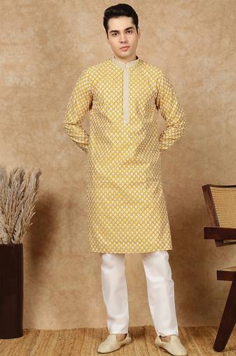 Yellow silk embroidered kurta pajama for mens