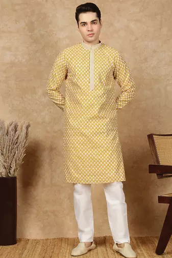 Yellow silk embroidered kurta pajama for mens