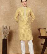 Yellow silk embroidered kurta pajama for mens