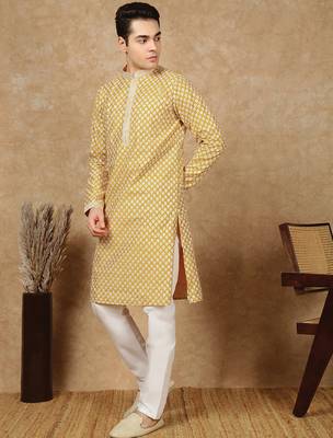 Yellow silk embroidered kurta pajama for mens 2