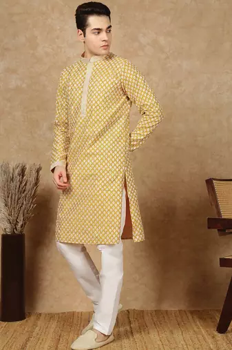 Yellow silk embroidered kurta pajama for mens