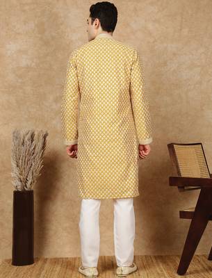 Yellow silk embroidered kurta pajama for mens 4