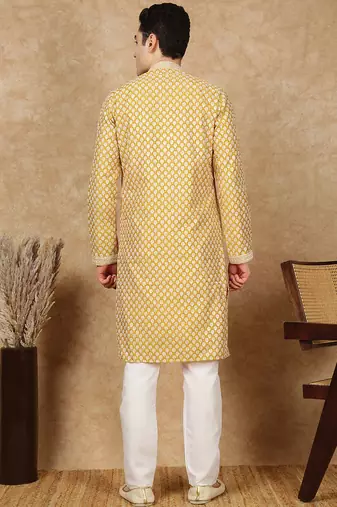 Yellow silk embroidered kurta pajama for mens