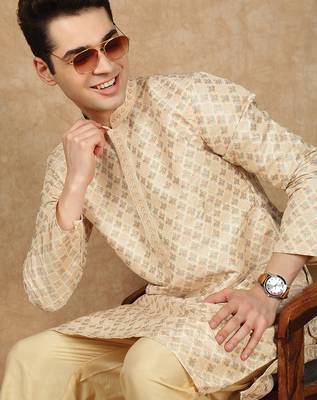 Deep beige jaquard floral kurta pajama for mens 1