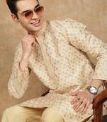 Deep beige jaquard floral kurta pajama for mens