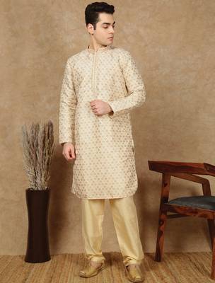 Deep beige jaquard floral kurta pajama for mens 2