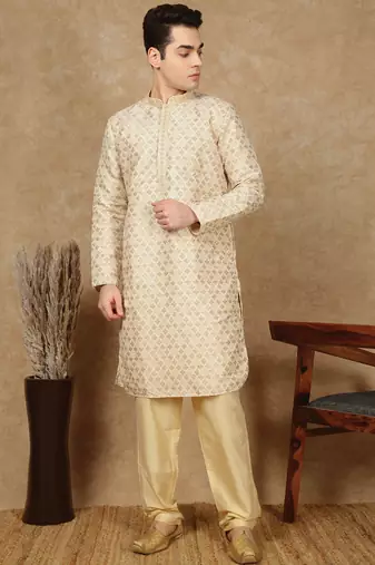 Deep beige jaquard floral kurta pajama for mens