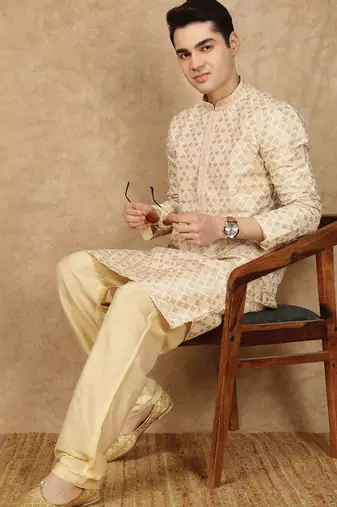Deep beige jaquard floral kurta pajama for mens