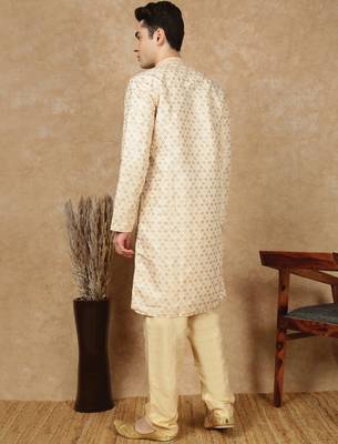 Deep beige jaquard floral kurta pajama for mens 4