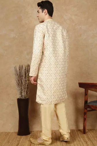 Deep beige jaquard floral kurta pajama for mens