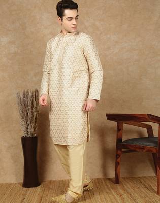 Deep beige jaquard floral kurta pajama for mens 5