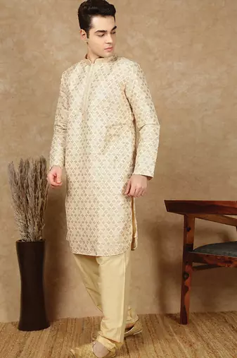 Deep beige jaquard floral kurta pajama for mens