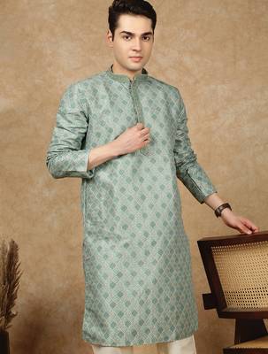 Parrot green jaquard floral kurta pajama for mens 1