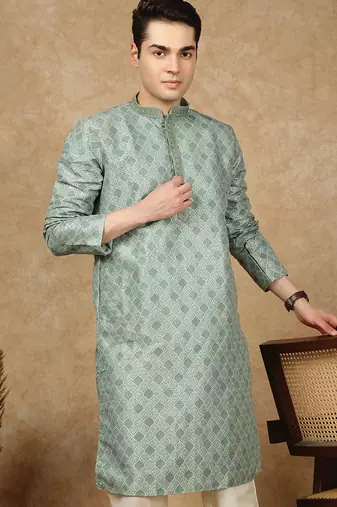 Parrot green jaquard floral kurta pajama for mens