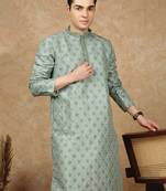 Parrot green jaquard floral kurta pajama for mens