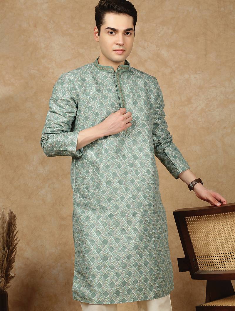 Parrot green jaquard floral kurta pajama for mens