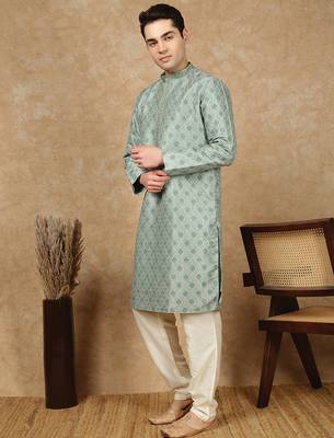 Parrot green jaquard floral kurta pajama for mens 2