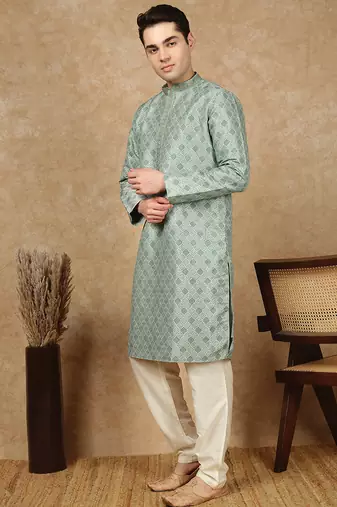 Parrot green jaquard floral kurta pajama for mens