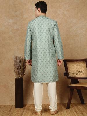 Parrot green jaquard floral kurta pajama for mens 4