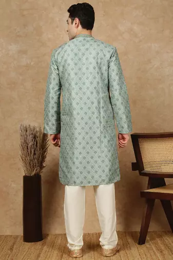 Parrot green jaquard floral kurta pajama for mens
