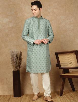 Parrot green jaquard floral kurta pajama for mens 5