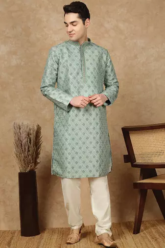 Parrot green jaquard floral kurta pajama for mens
