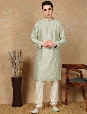 Green polysilk sequins kurta pajama for mens 1