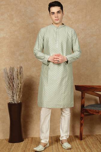 Green polysilk sequins kurta pajama for mens
