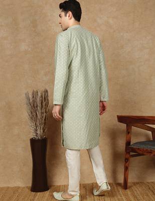 Green polysilk sequins kurta pajama for mens 4
