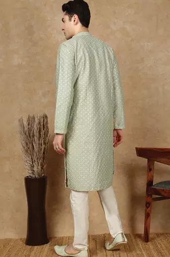 Green polysilk sequins kurta pajama for mens