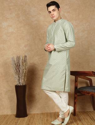 Green polysilk sequins kurta pajama for mens 5