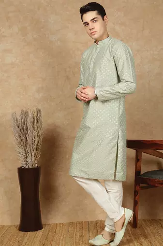 Green polysilk sequins kurta pajama for mens