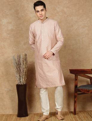 Light pink polysilk sequins kurta pajama for mens 1