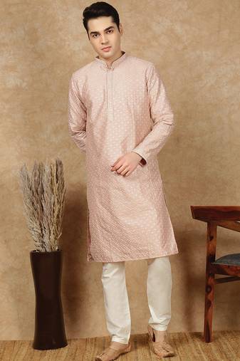 Light pink polysilk sequins kurta pajama for mens