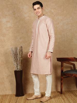 Light pink polysilk sequins kurta pajama for mens 2