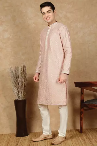 Light pink polysilk sequins kurta pajama for mens