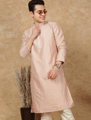 Light pink polysilk sequins kurta pajama for mens 3