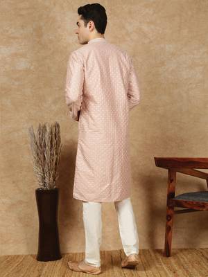 Light pink polysilk sequins kurta pajama for mens 4