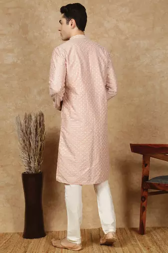 Light pink polysilk sequins kurta pajama for mens