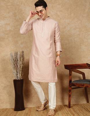 Light pink polysilk sequins kurta pajama for mens 5