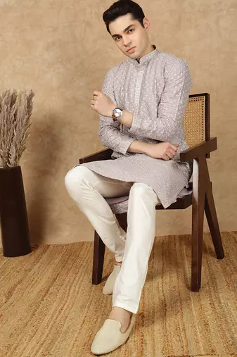 Mauve polysilk sequins kurta pajama for mens