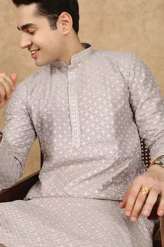 Mauve polysilk sequins kurta pajama for mens