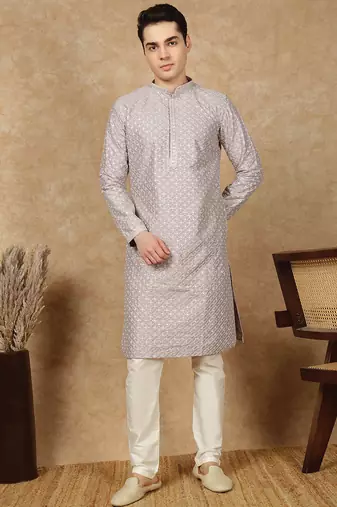 Mauve polysilk sequins kurta pajama for mens