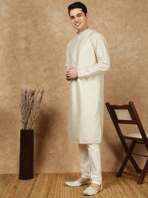 Off white polysilk sequins kurta pajama for mens 1