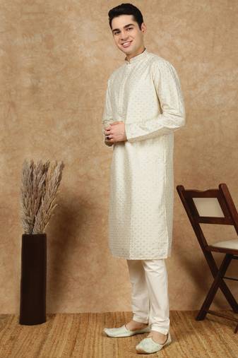 Off white polysilk sequins kurta pajama for mens