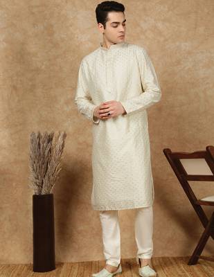 Off white polysilk sequins kurta pajama for mens 2